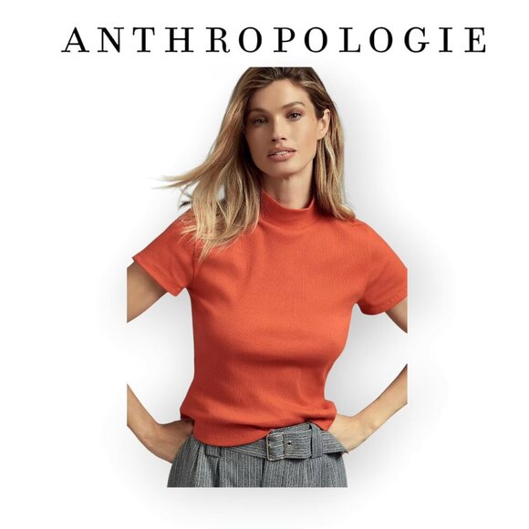 Anthropologie Maeve Ribbed Mock Neck Blair Baby Tee Burnt Orange size S EUC - Picture 1 of 14